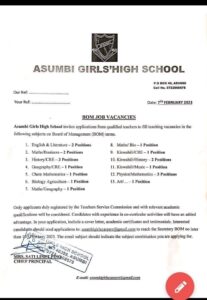 Asumbi Girls' High School Announces 20 BOM Teaching Vacancies 