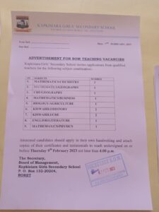 Kapkisiara Girls School Posts 13 BOM Teaching Vacancies 