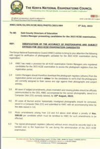 KNEC 2023 Circular on Photo and Subject entry verification for 2023 KCSE candidates
